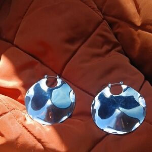 Silver Shiny Disc Hoop Earrings - Bold Reflective Statement